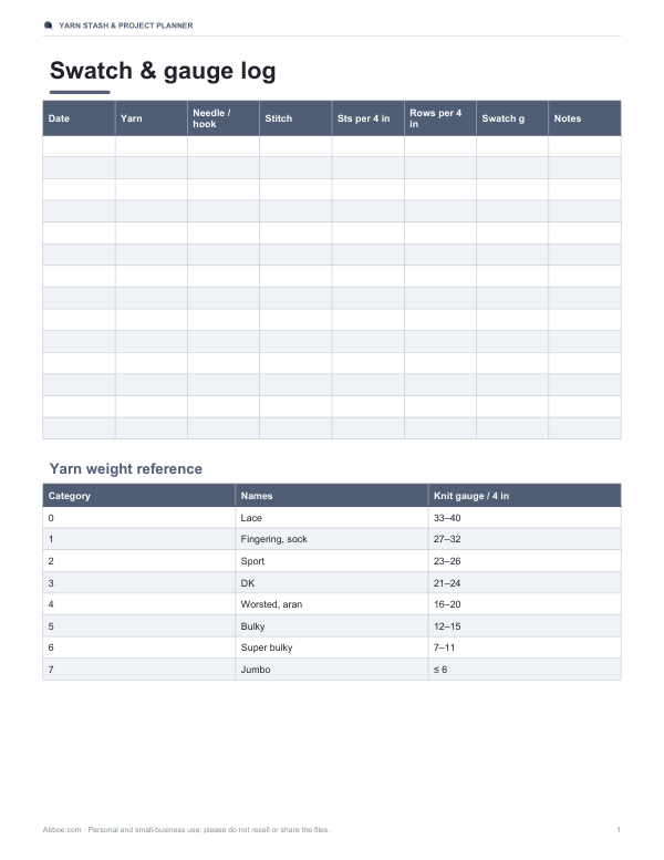 Preview of Printable Swatch and Gauge Log